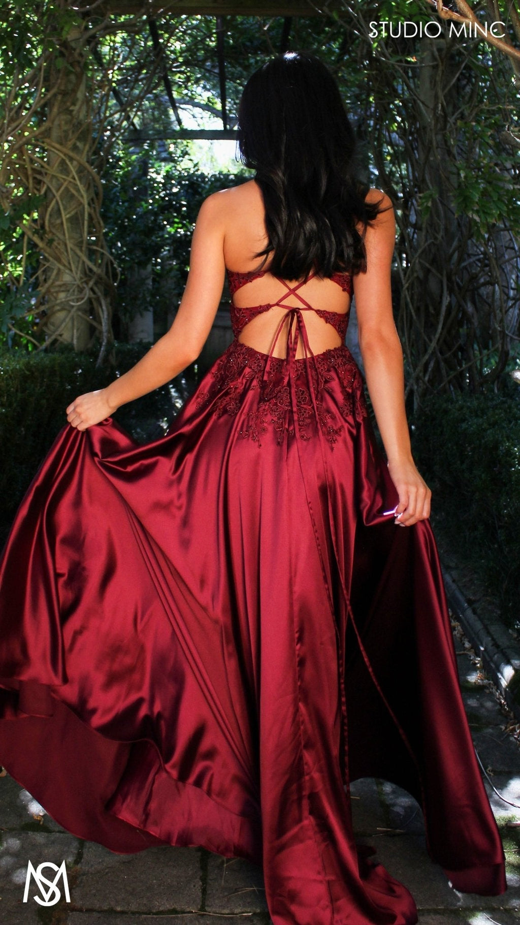 Eden - Burgundy Red formal dress | Floral V neckline, backless, A-line Satin Gown with Pockets