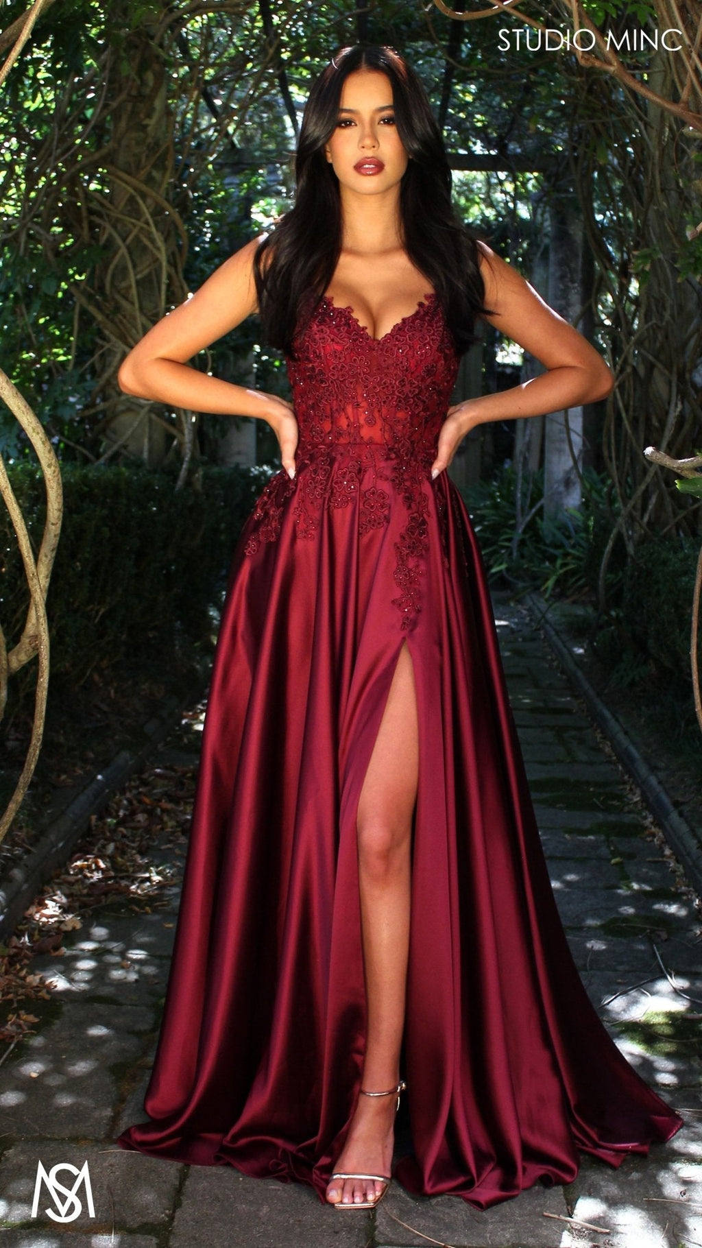 Eden - Burgundy Red formal dress | Floral V neckline, backless, A-line Satin Gown with Pockets