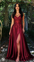 Eden - Burgundy Red formal dress | Floral V neckline, backless, A-line Satin Gown with Pockets