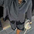 Lace Trim Patchwork Striped Shirt  Shorts Set