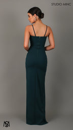 Femme - Emerald Green Formal Dress, Sheer Lace Bra Cup Corset Fitted Leg Split