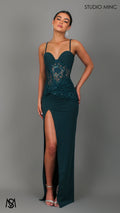 Femme - Emerald Green Formal Dress, Sheer Lace Bra Cup Corset Fitted Leg Split