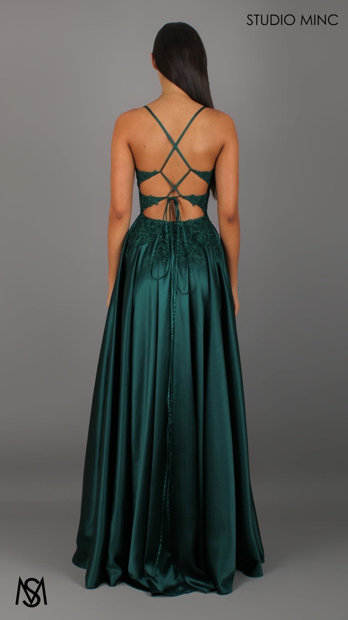 Eden - Emerald Green formal dress | Floral V neckline, backless, A-line Satin Gown with Pockets