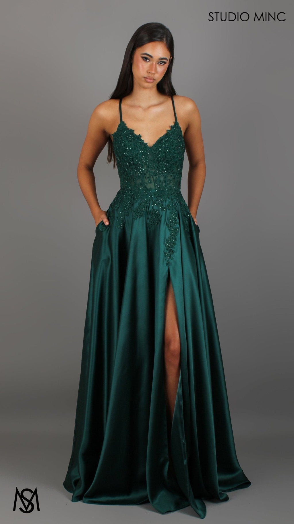 Eden - Emerald Green formal dress | Floral V neckline, backless, A-line Satin Gown with Pockets