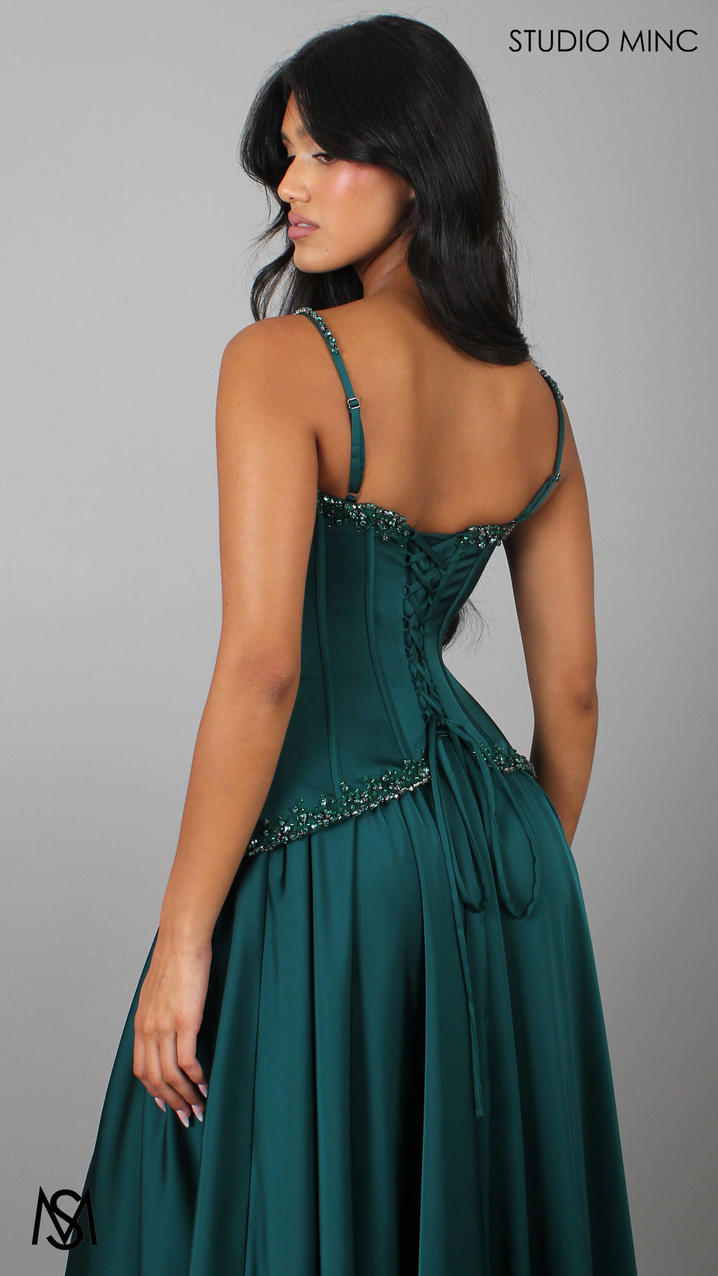 Idyllic - Emerald Green Formal Dress two piece Set, drop-waist Corset, A-line Satin skirt