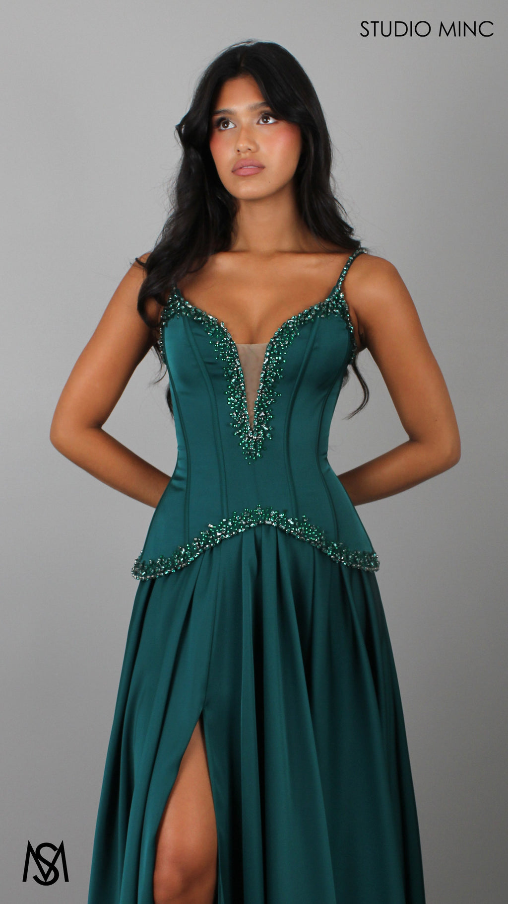 Idyllic - Emerald Green Formal Dress two piece Set, drop-waist Corset, A-line Satin skirt