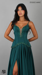 Idyllic - Emerald Green Formal Dress two piece Set, drop-waist Corset, A-line Satin skirt