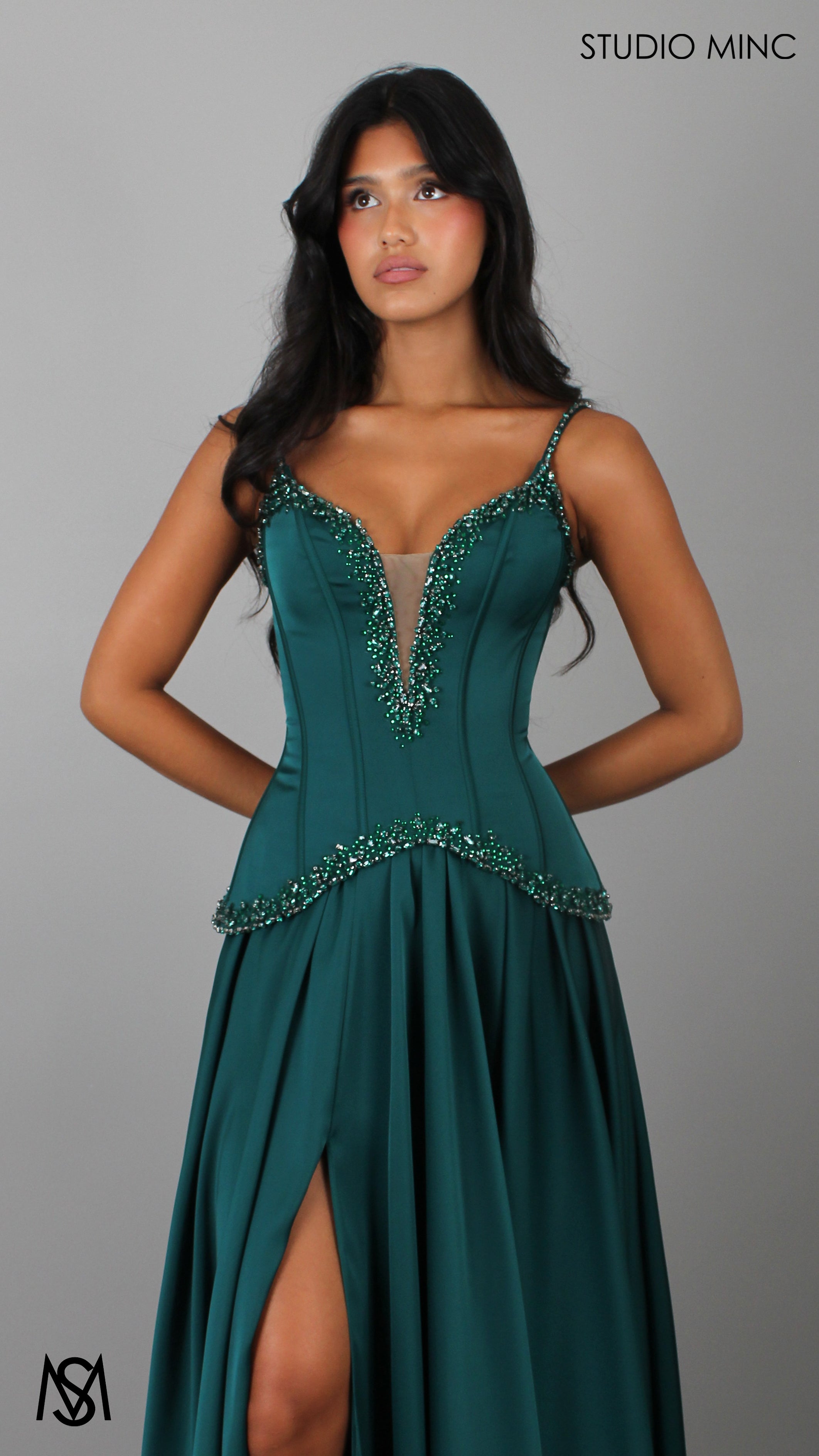 Idyllic - Emerald Green Formal Dress two piece Set, drop-waist Corset, A-line Satin skirt