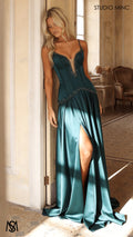 Idyllic - Emerald Green Formal Dress two piece Set, drop-waist Corset, A-line Satin skirt