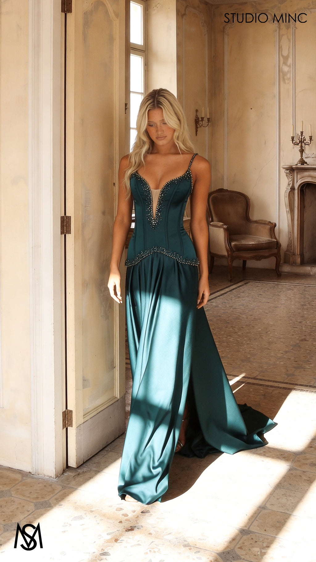 Idyllic - Emerald Green Formal Dress two piece Set, drop-waist Corset, A-line Satin skirt