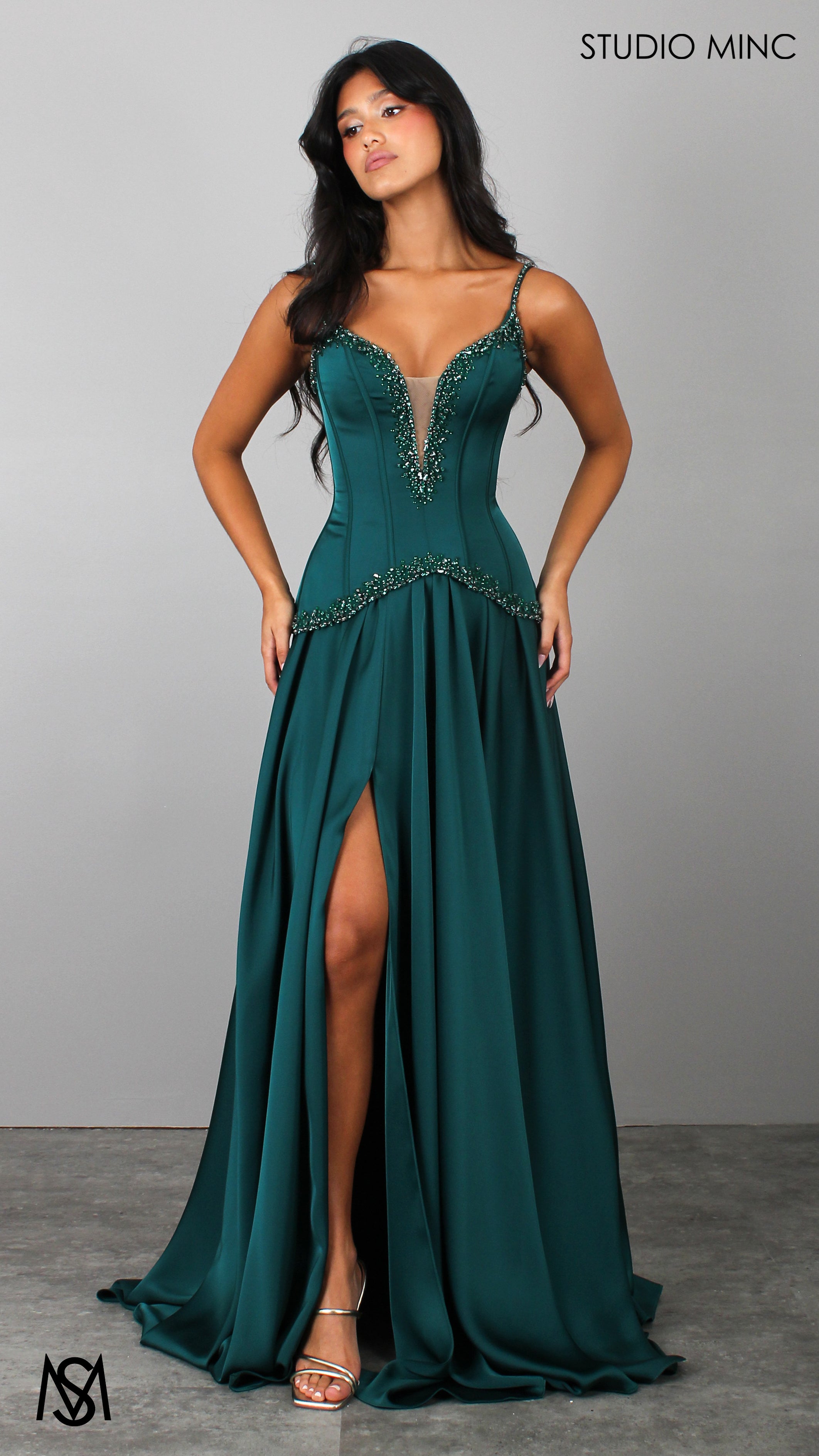 Idyllic - Emerald Green Formal Dress two piece Set, drop-waist Corset, A-line Satin skirt