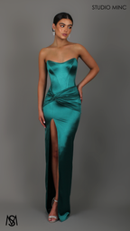 Iris - Emerald Formal Dress, Satin Strapless Corset Lace Up Fitted Leg Split