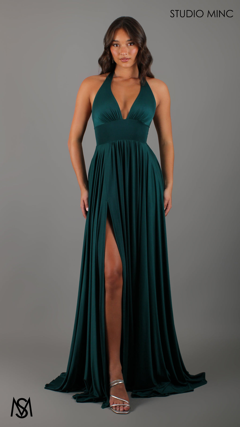 LOVE - Emerald Green Flowy Formal Dress with Plunge Neckline & Leg Split