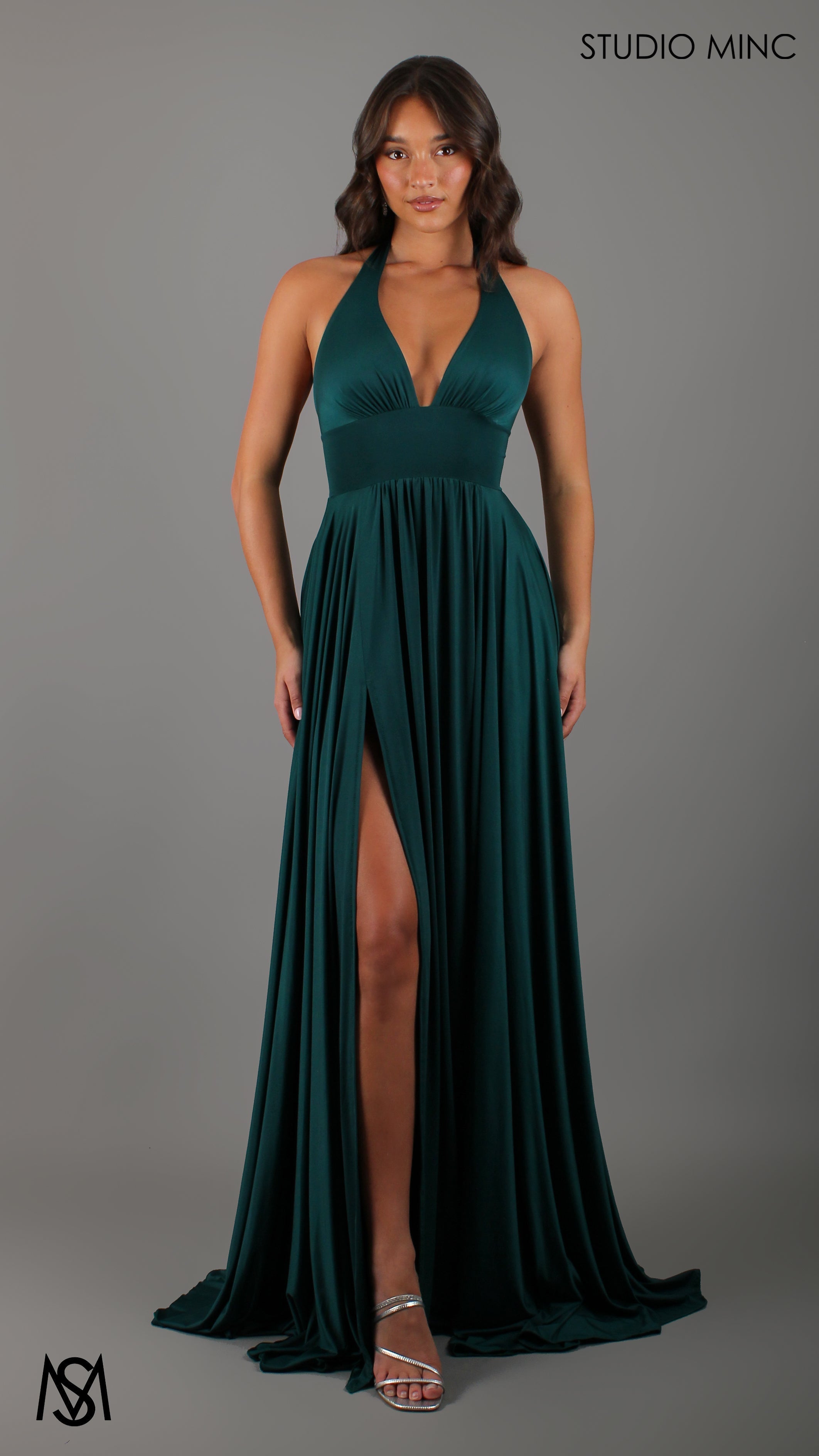 LOVE - Emerald Green Flowy Formal Dress with Plunge Neckline & Leg Split