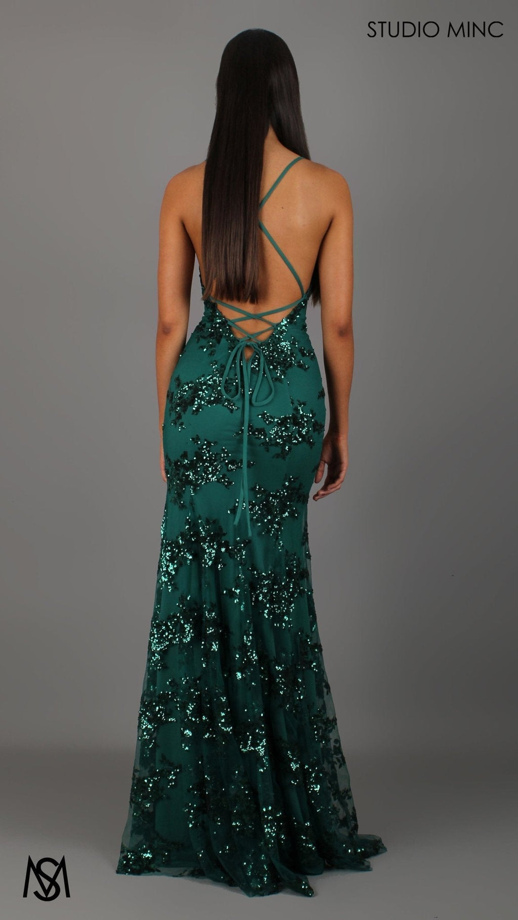 Poetry - Emerald Green formal dress | Sequin Floral V neckline fitted backless mermaid lace up