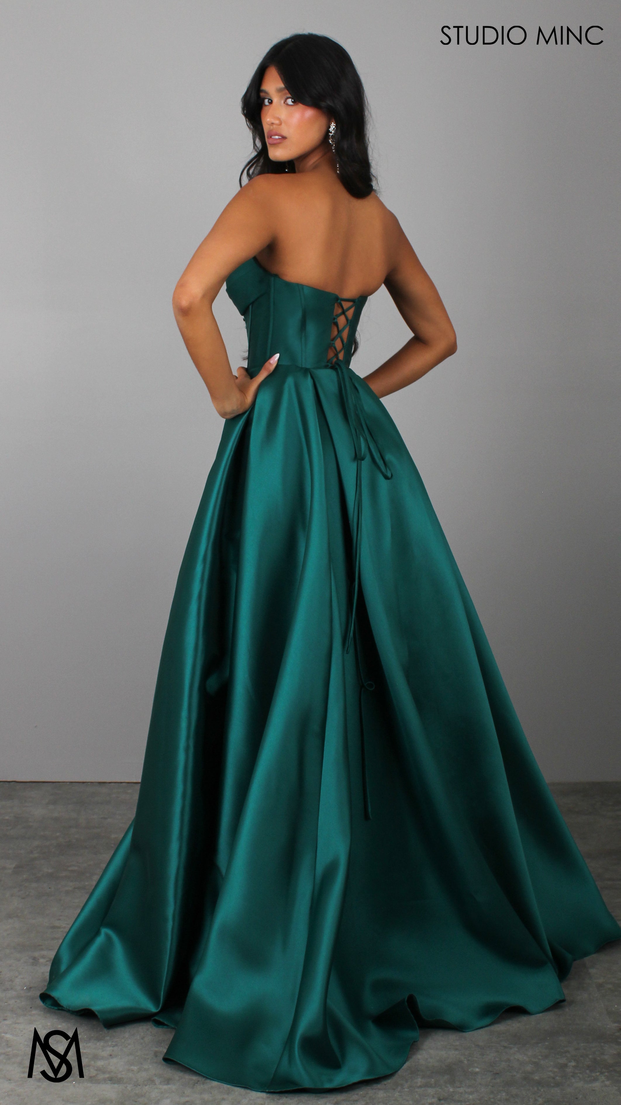 Royal - Emerald Green Formal Dress, Strapless Corset Beaded bodice, Satin Mikado Ball Gown