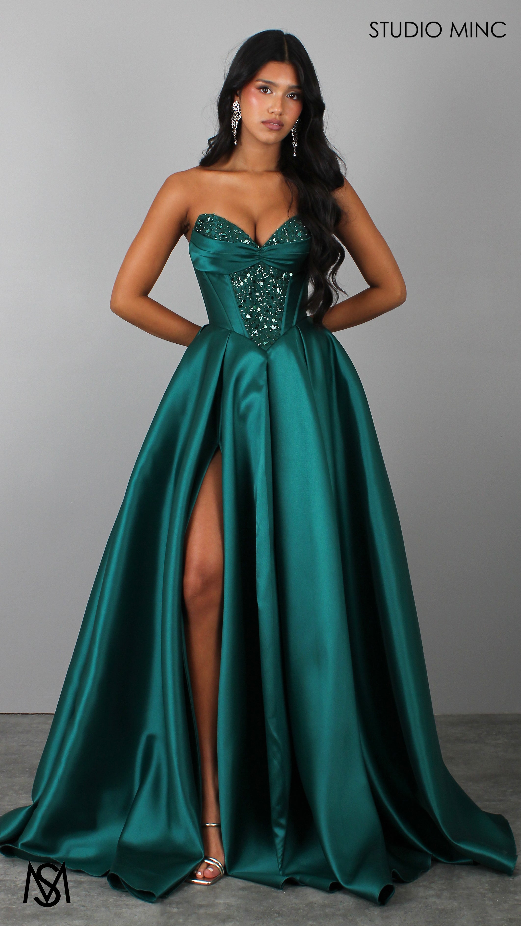 Royal - Emerald Green Formal Dress, Strapless Corset Beaded bodice, Satin Mikado Ball Gown