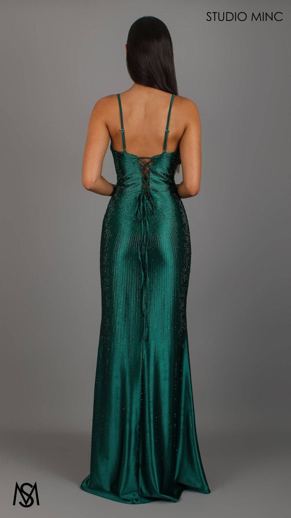 Stellar - Emerald Green Formal Dress, Rhinestone V Plunge Neckline Fitted Mermaid Leg Slit