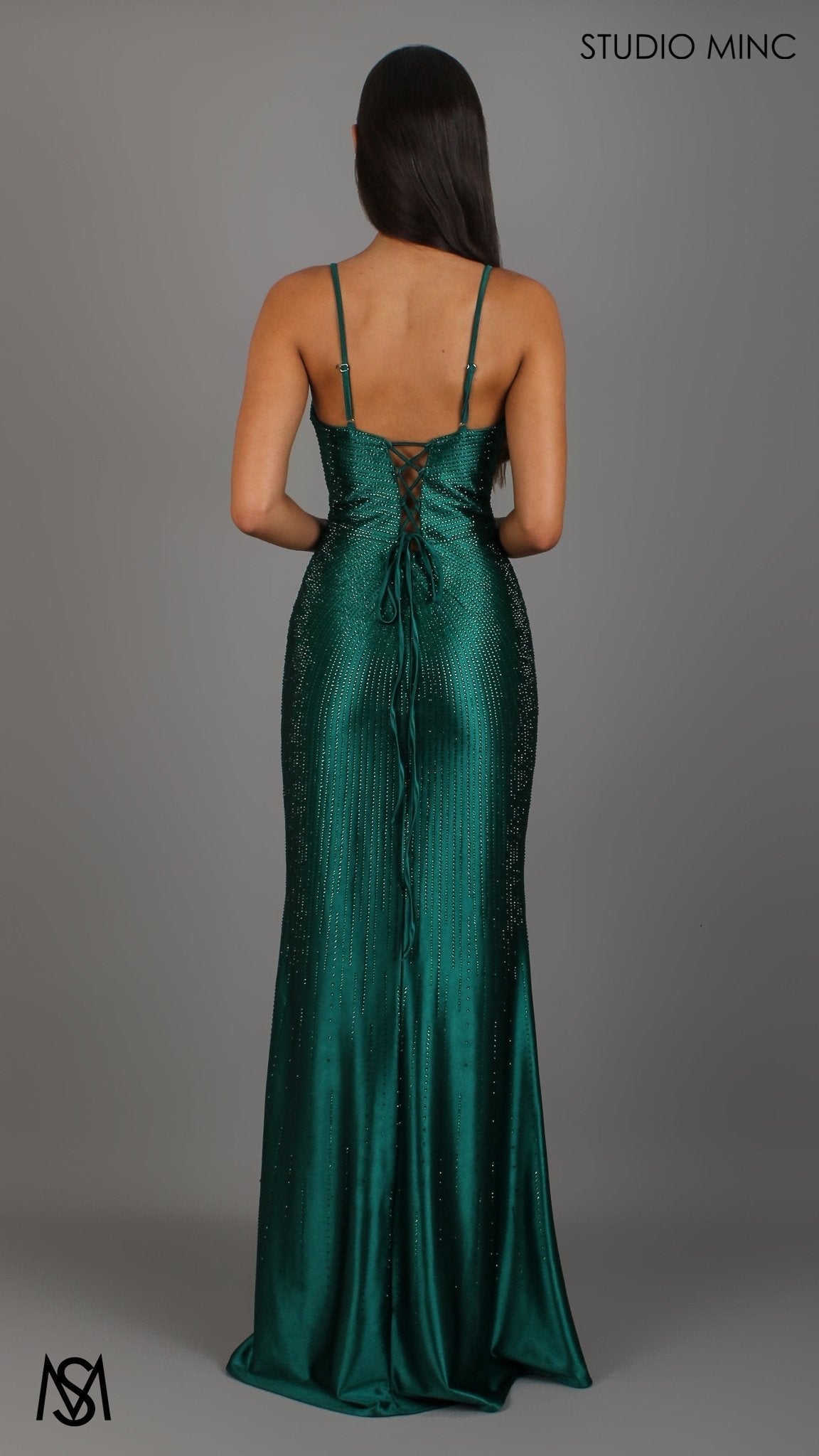Stellar - Emerald Green Formal Dress, Rhinestone V Plunge Neckline Fitted Mermaid Leg Slit