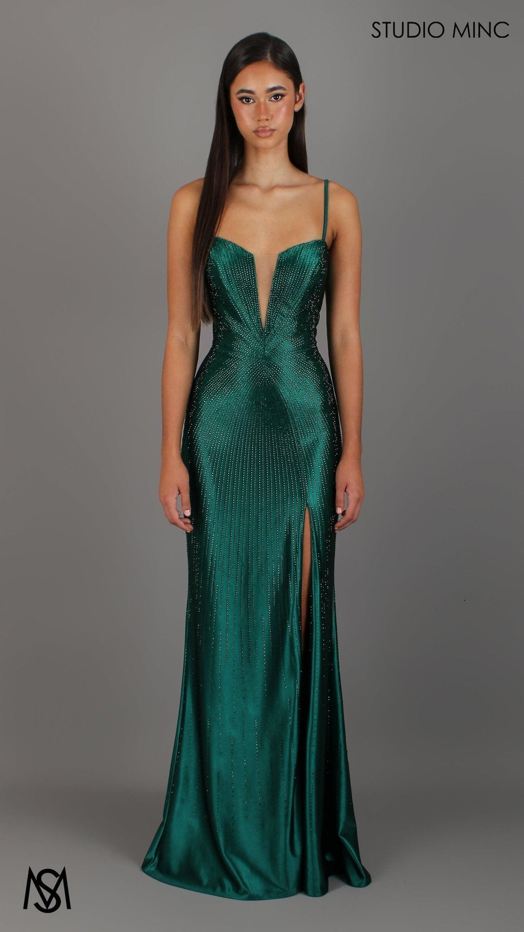Stellar - Emerald Green Formal Dress, Rhinestone V Plunge Neckline Fitted Mermaid Leg Slit