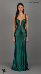 Stellar - Emerald Green Formal Dress, Rhinestone V Plunge Neckline Fitted Mermaid Leg Slit