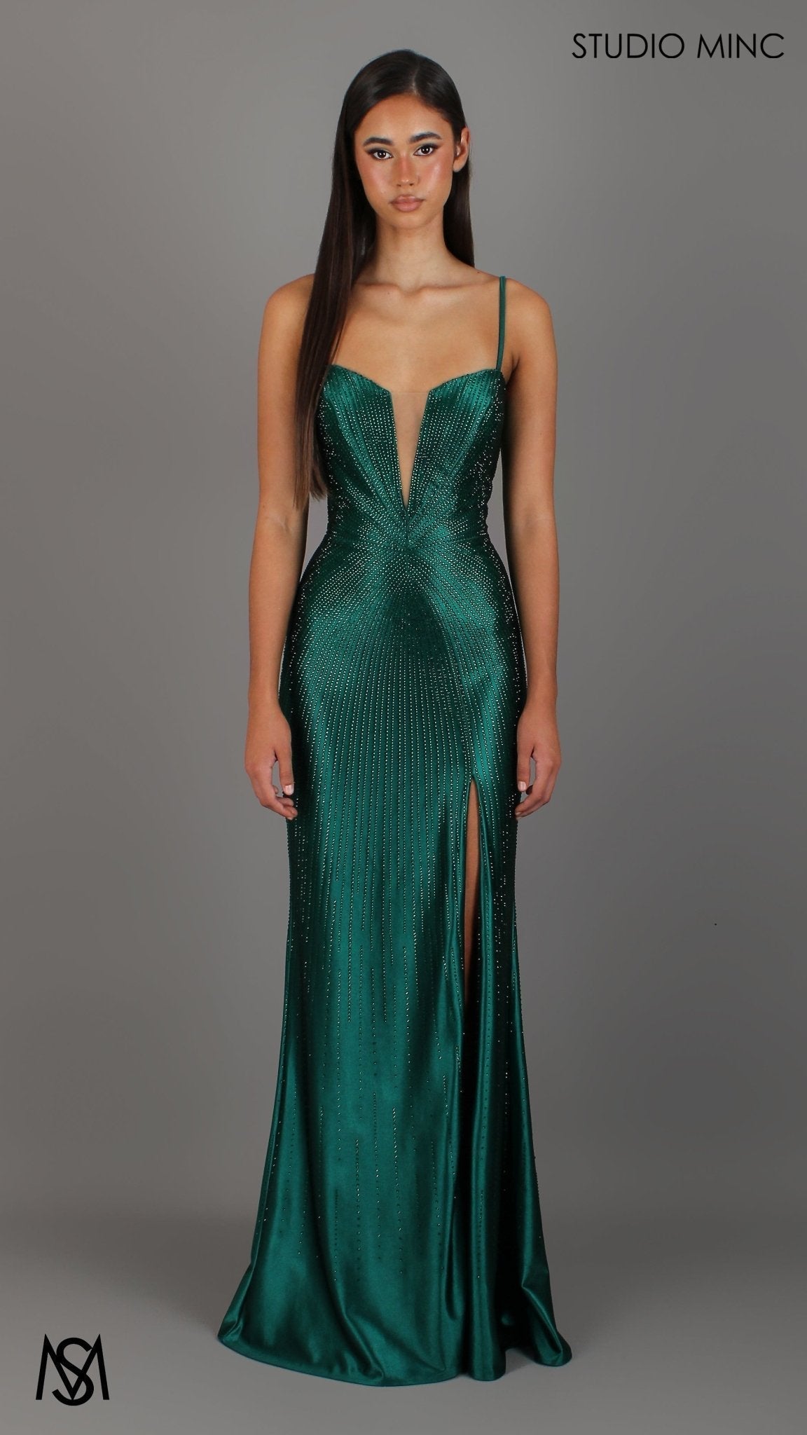 Stellar - Emerald Green Formal Dress, Rhinestone V Plunge Neckline Fitted Mermaid Leg Slit