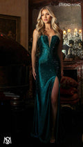 Stellar - Emerald Green Formal Dress, Rhinestone V Plunge Neckline Fitted Mermaid Leg Slit