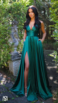 Timeless - Emerald Green formal dress | V neckline, backless A-line Satin Gown with Pockets