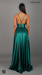 Timeless - Emerald Green formal dress | V neckline, backless A-line Satin Gown with Pockets