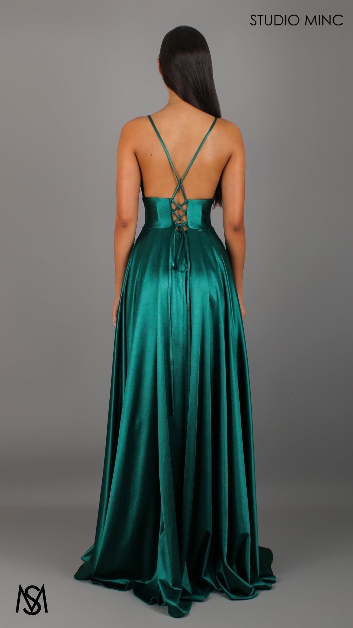 Timeless - Emerald Green formal dress | V neckline, backless A-line Satin Gown with Pockets