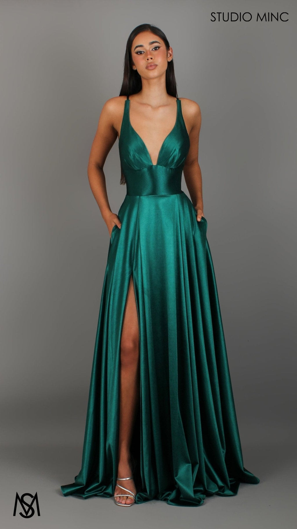 Timeless - Emerald Green formal dress | V neckline, backless A-line Satin Gown with Pockets