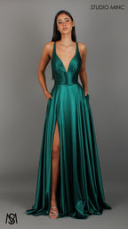 Timeless - Emerald Green formal dress | V neckline, backless A-line Satin Gown with Pockets