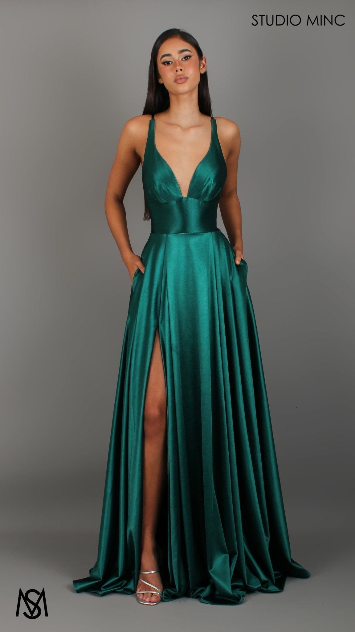Timeless - Emerald Green formal dress | V neckline, backless A-line Satin Gown with Pockets