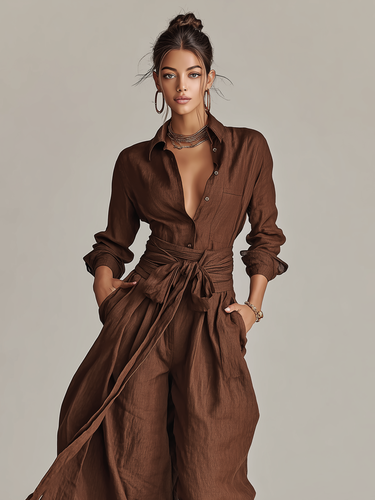 Elegant  Cotton-linen Long-sleeved Shirt Collar Jumpsuit