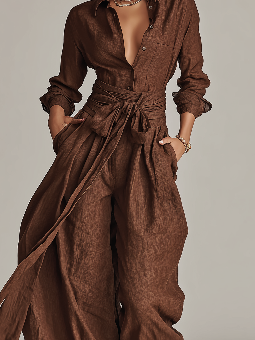Elegant  Cotton-linen Long-sleeved Shirt Collar Jumpsuit