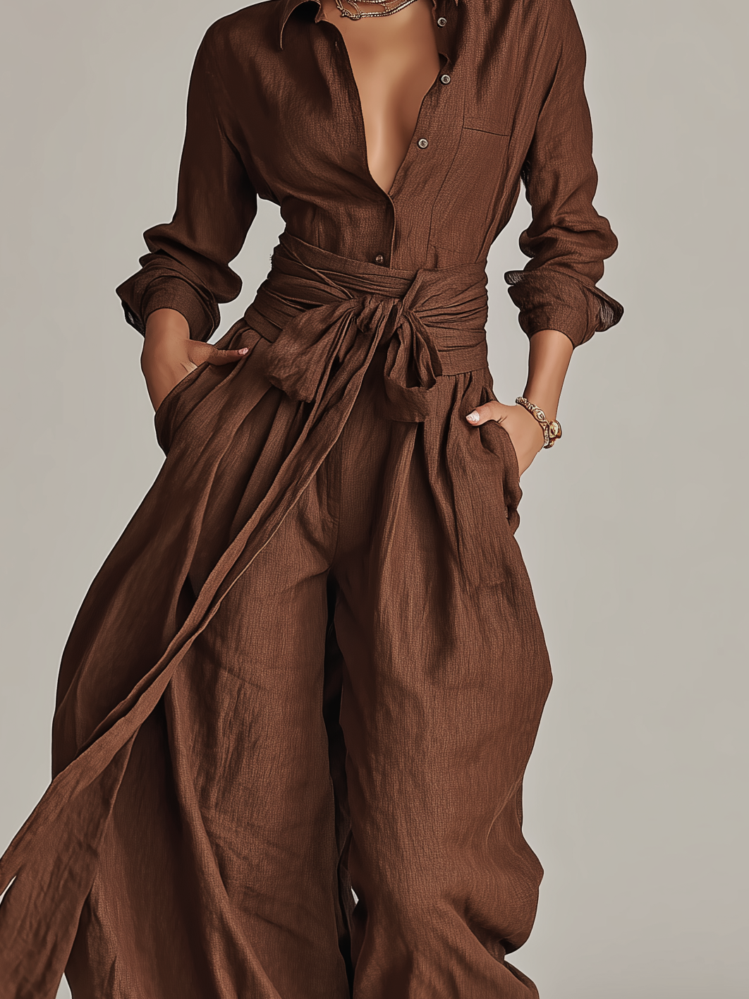 Elegant  Cotton-linen Long-sleeved Shirt Collar Jumpsuit