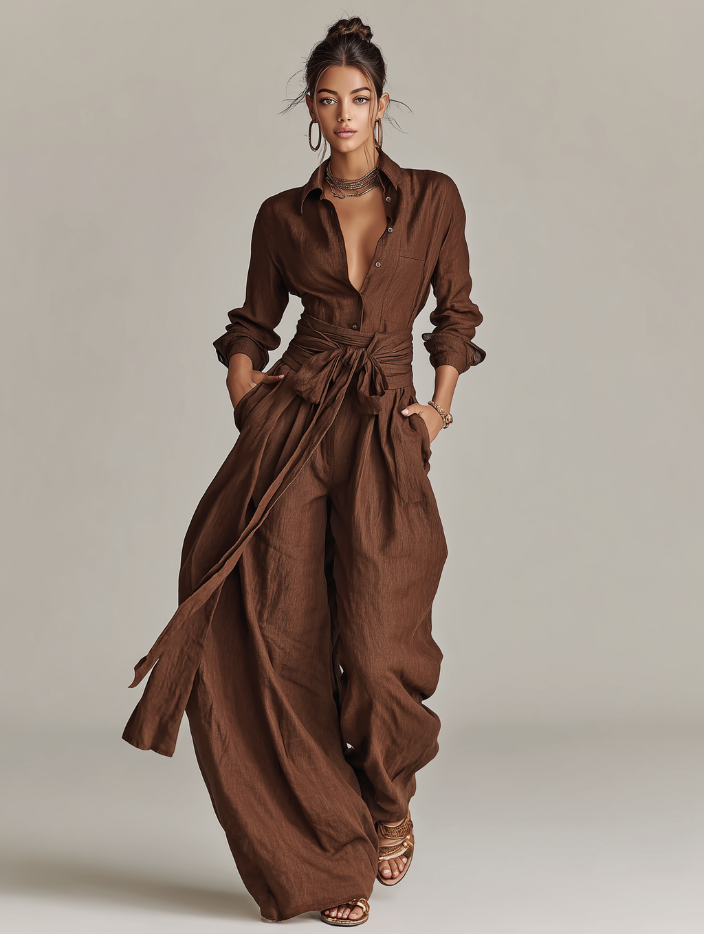 Elegant  Cotton-linen Long-sleeved Shirt Collar Jumpsuit