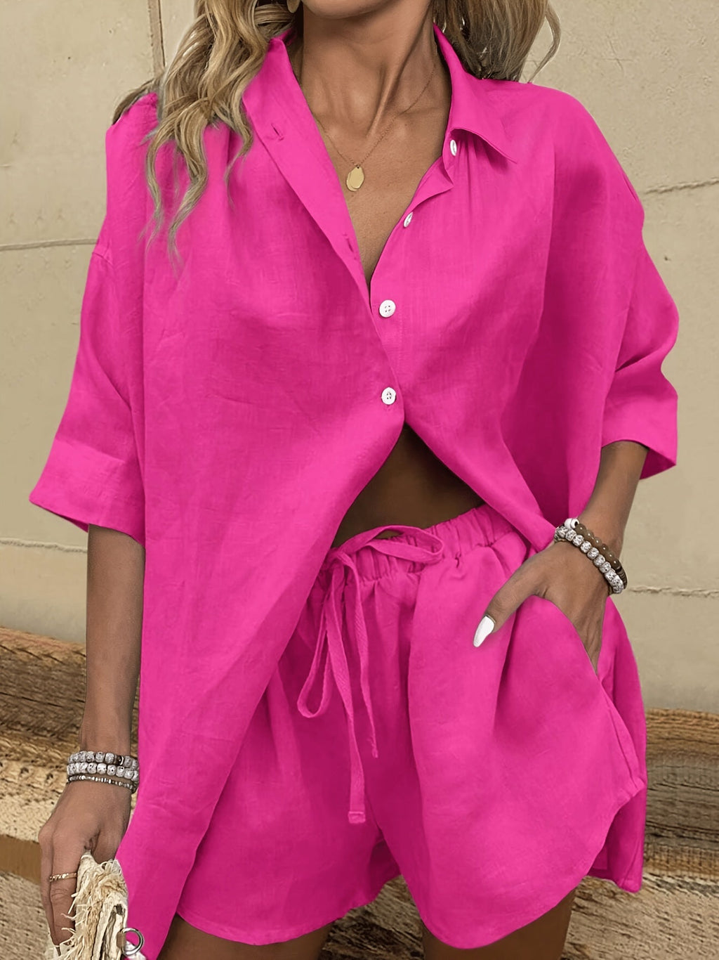Solid Color Casual Short Sleeve Shirt  Shorts Set