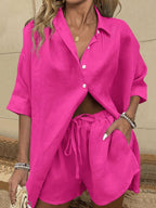 Solid color casual short sleeve shirt and shorts set by 64b136-1e, featuring a relaxed fit and comfortable fabric.