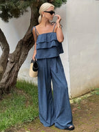 Chic Ruffle Camisole and Tie-Waist Pant Set by 64b136-1e featuring ruffled details and stylish matching pants.