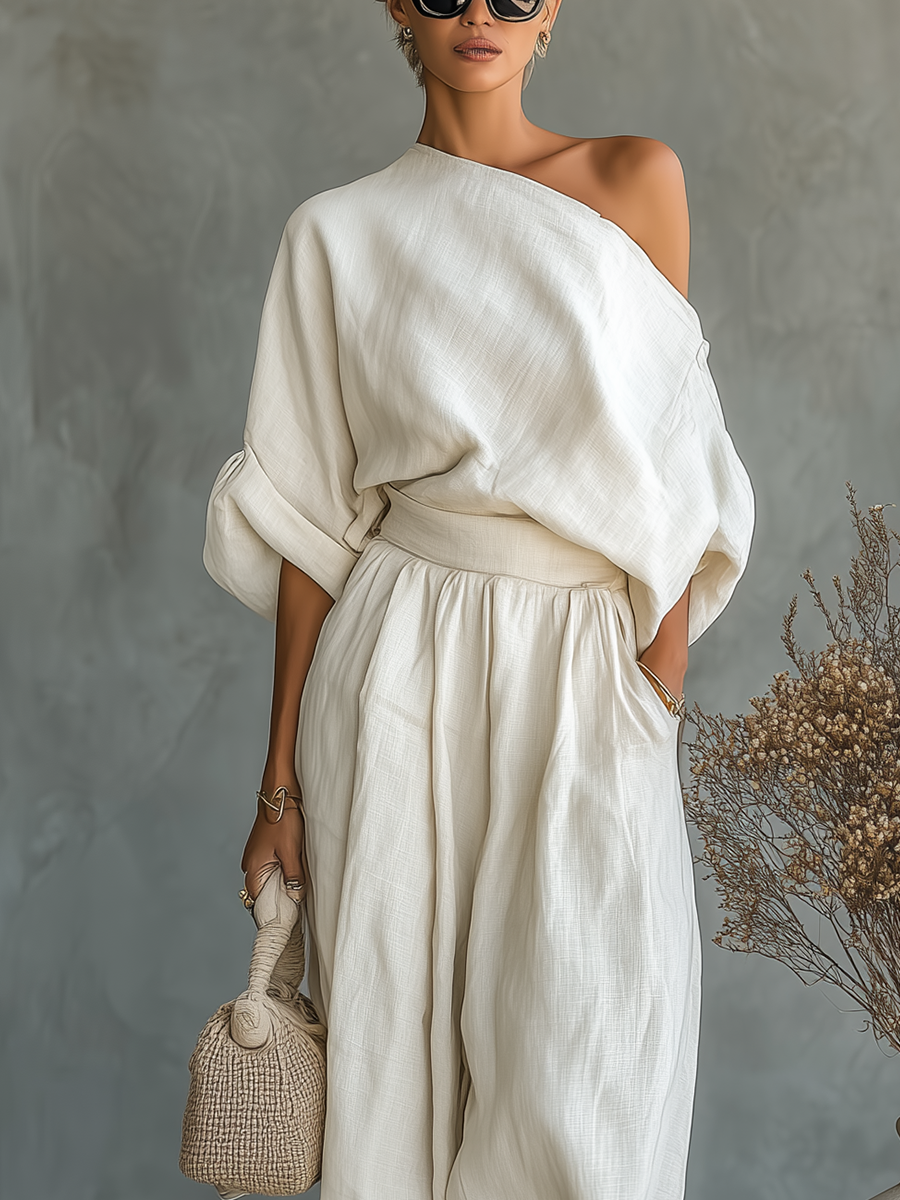 Linen Off-shoulder Casual Top And Tapered Pants Set