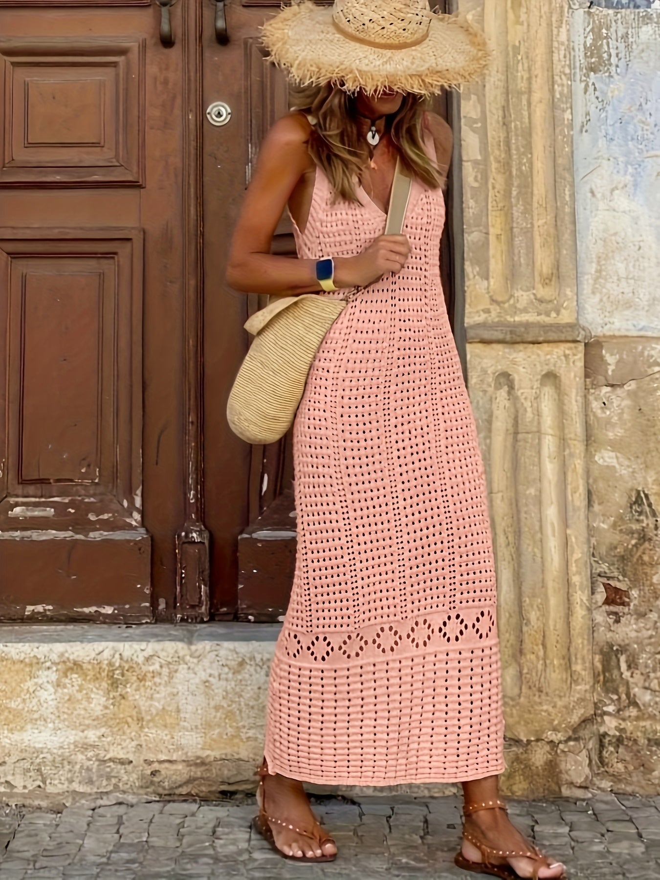 Sexy HollowOut Solid Color Tank Beach Maxi Dress