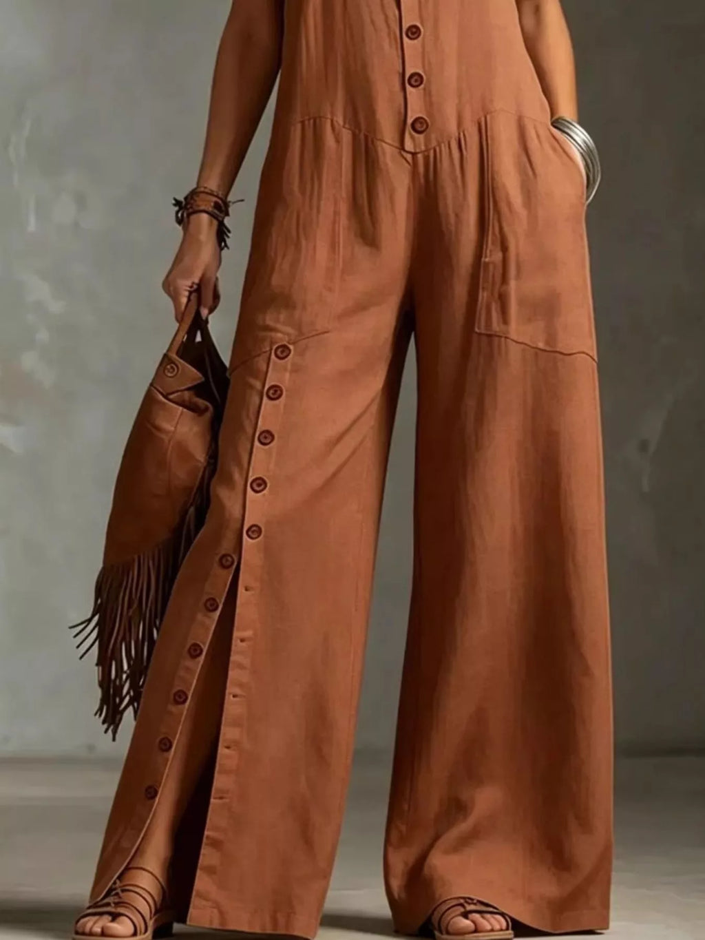 Sleeveless Button-Front Wide-Leg Jumpsuit