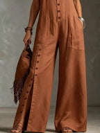 Sleeveless Button-Front Wide-Leg Jumpsuit