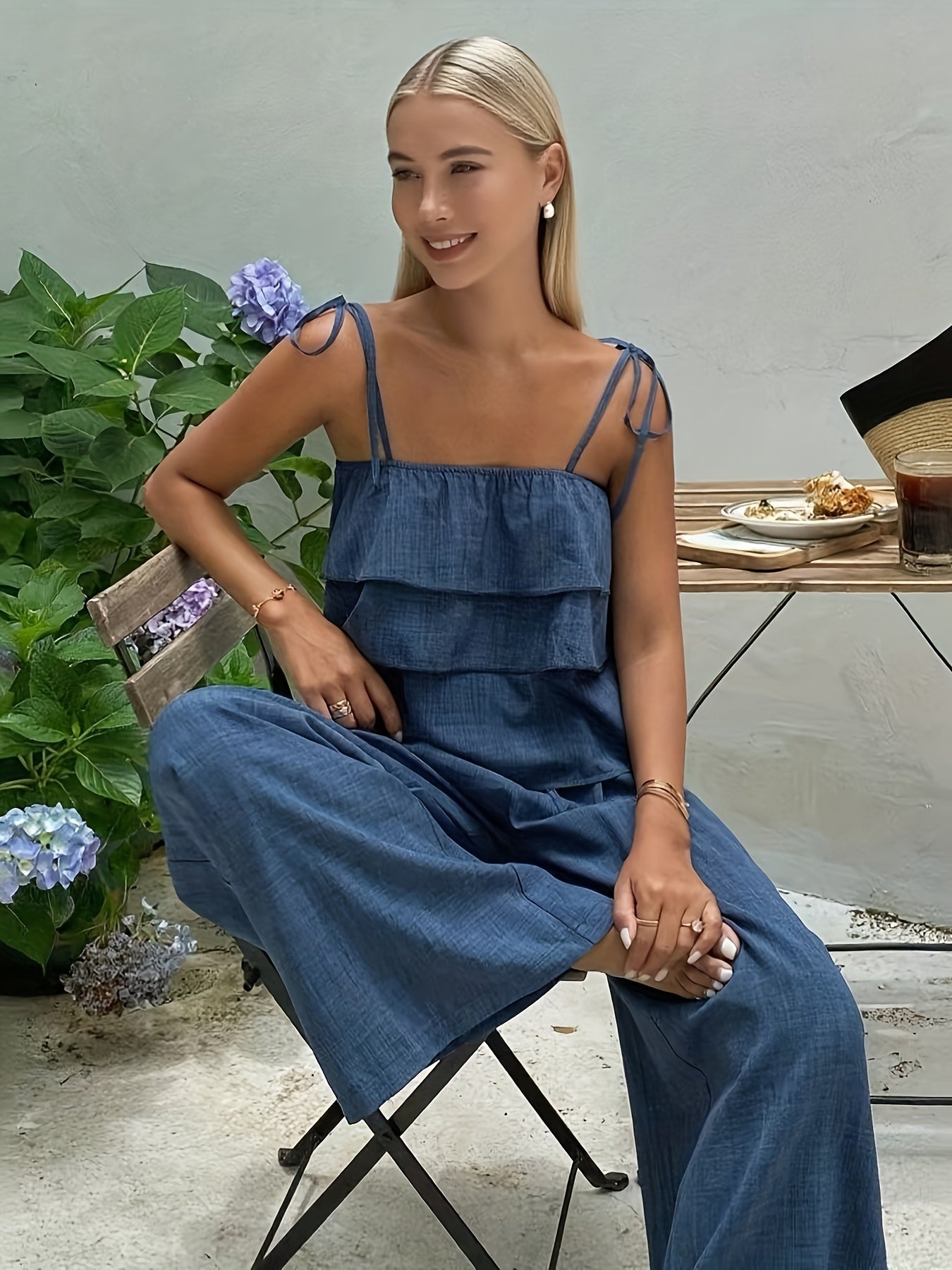 Chic Ruffle Camisole  TieWaist Pant Set