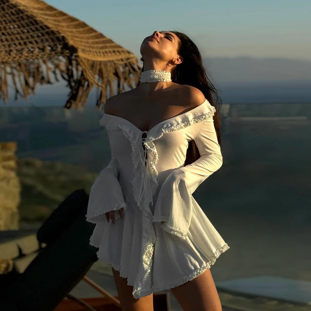 Falling For You White Ruffle Off Shoulder Mini Dress