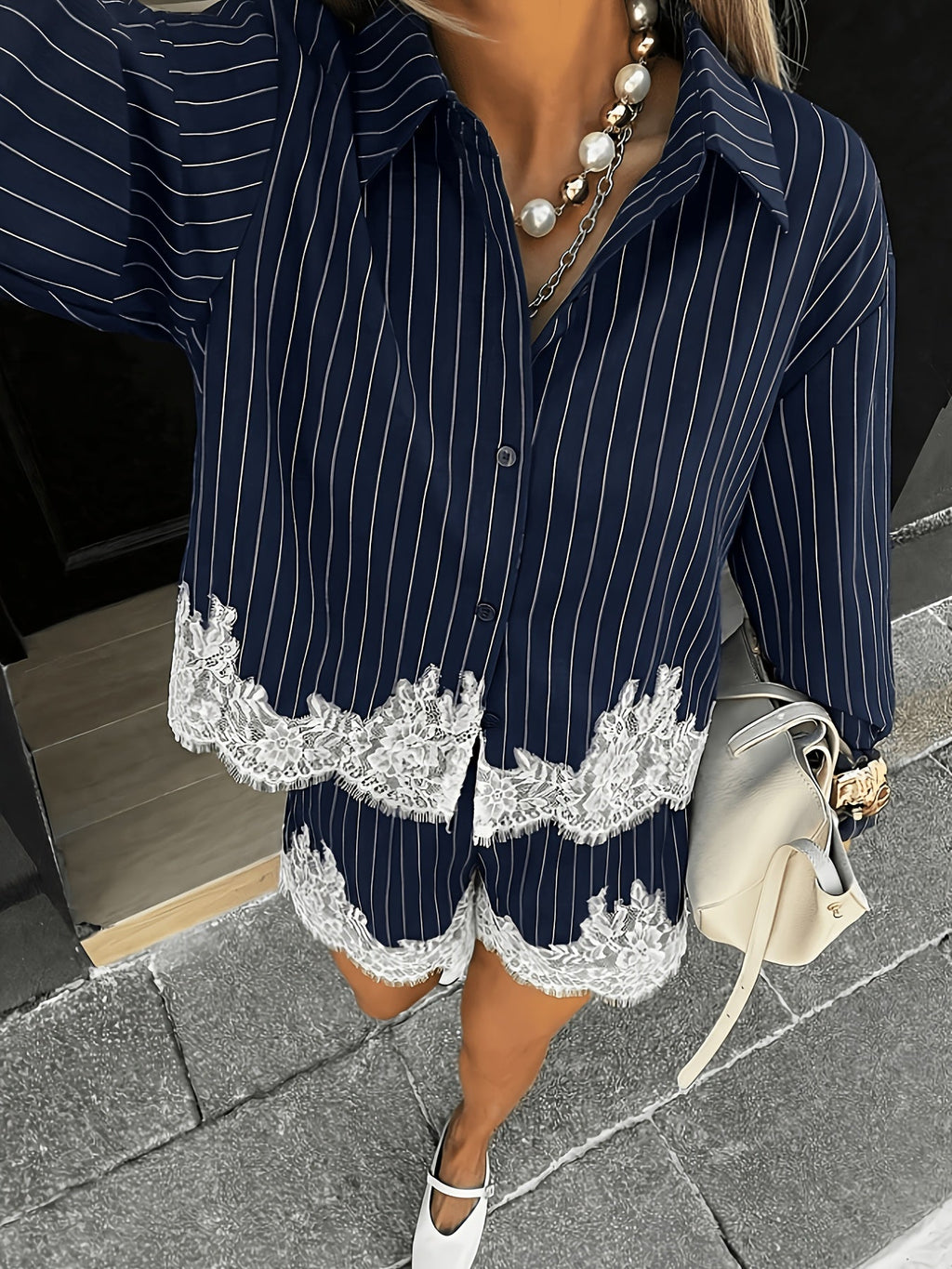 Lace Trim Patchwork Striped Shirt  Shorts Set