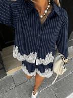 Lace trim patchwork striped shirt and shorts set by 64b136-1e, featuring a stylish, coordinated casual outfit with lacy details.