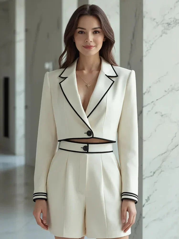 Colette | Black Piping Cropped Blazer Shorts Suit Set