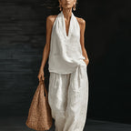 Linen top and wide-leg pants set by 64b136-1e featuring a relaxed fit and neutral color, perfect for casual wear.